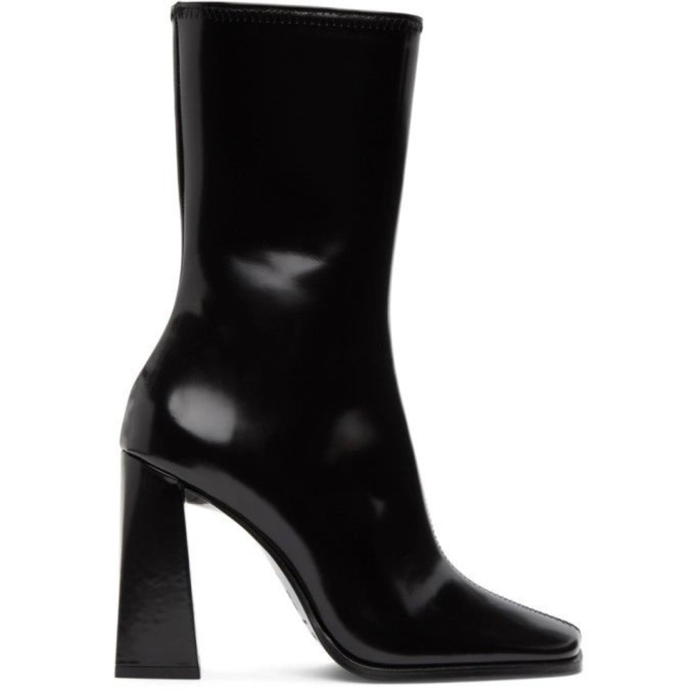 $600 BY FAR Black Semi-Patent Linda Heeled Boots Square Toe Block Heel EU 40 9.5